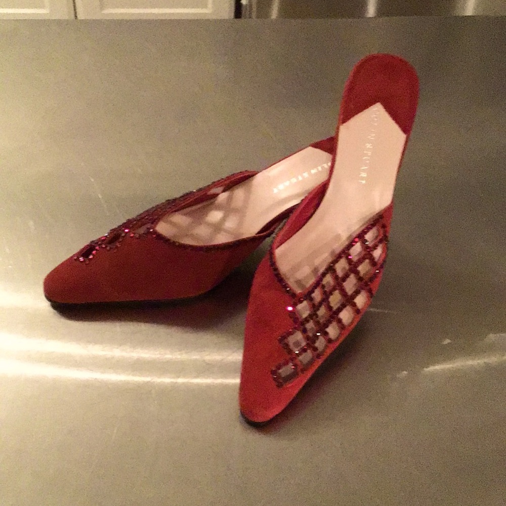 Colin Stewart red suede mules with open weave rhinestone, 3” heel. Size 6